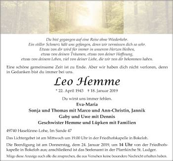 Traueranzeigen Von Leo Hemme Noz Trauerportal