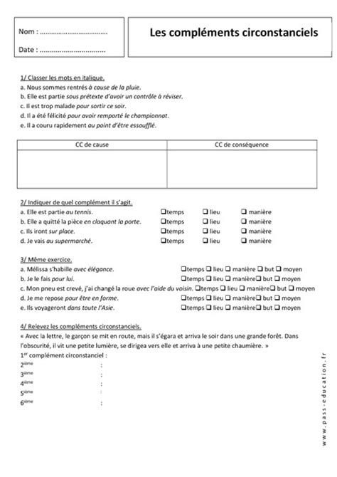 Compléments circonstanciels Exercices corrigés 5ème Pass Education