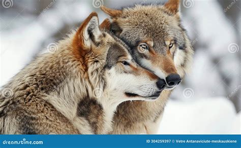 Two Beautiful Wolves In Cold Snowy Winter Forest Stock Image Image