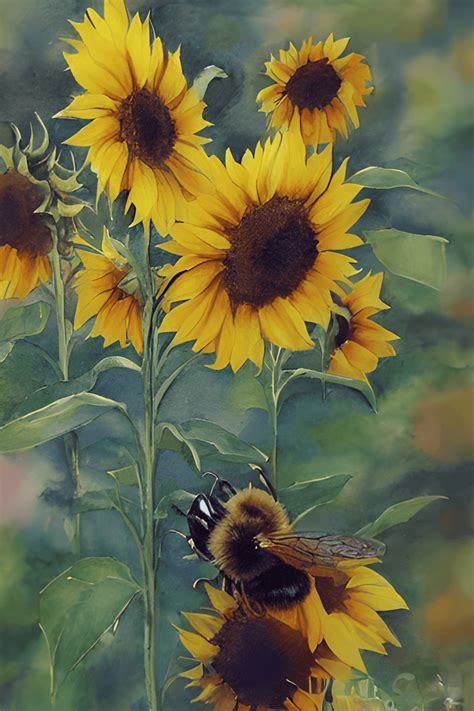 Bee in Sunflower Field Painting · Creative Fabrica