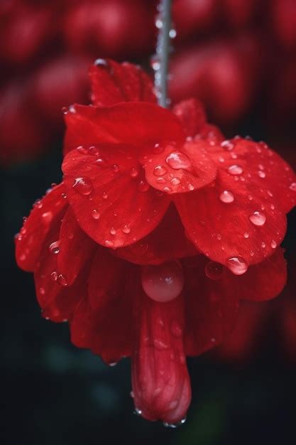 Uma Flor Vermelha Pingos De Chuva Est Na Chuva Foto Premium