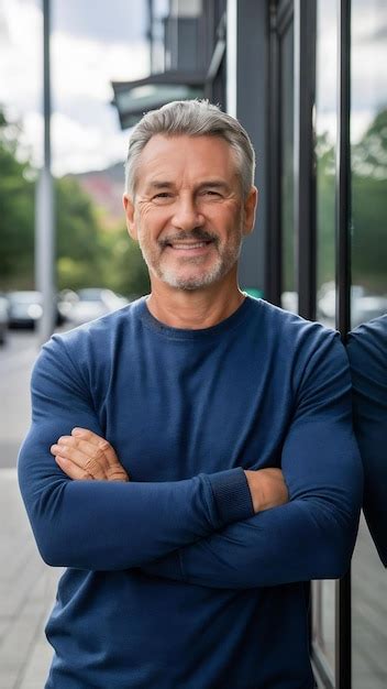 Positive Mature Man With Crossed Arms Standing Outside A And Smiling