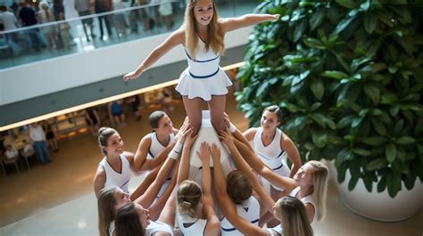 Premium AI Image | A group of cheerleaders performing a pyramid stunt