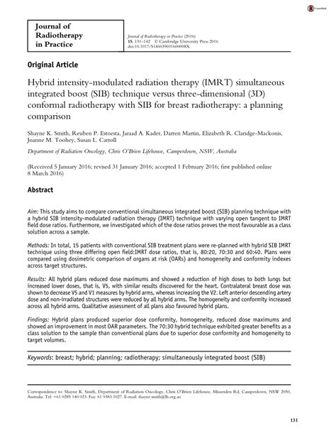 Pdf Hybrid Intensity Modulated Radiation Therapy Imrt Simultaneous Integrated Boost Sib