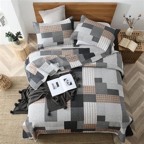 Bedduvit Farmhouse Patchwork Plaid Quilt 100 Cotton Gray Black Brown Queen Size Quilt