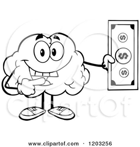 Cartoon Of A Black And White Happy Brain Mascot Holding A Dollar Bill