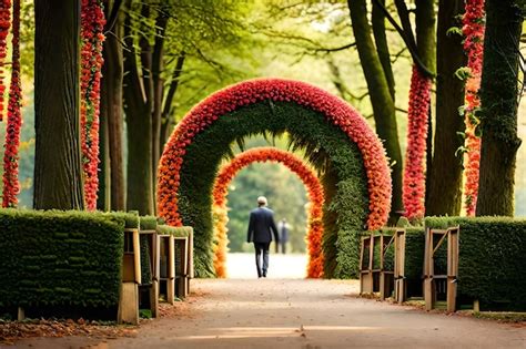 premium photo  man walks   tunnel  flowers