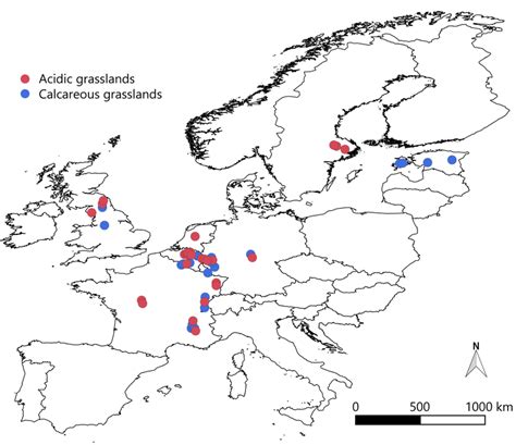 Map of Europe with the location of the surveyed grassland sites. Acidic ...