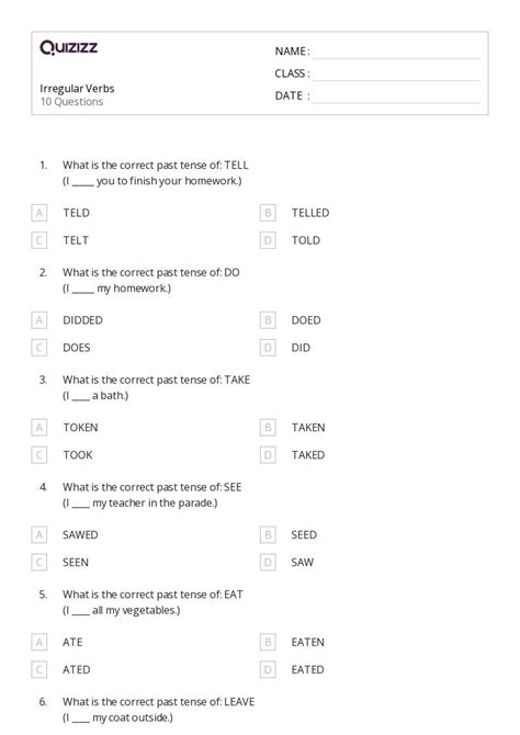 Irregular Verbs Worksheets For Nd Grade On Quizizz Free