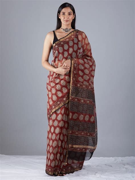 Buy Maroon Hand Block Printed Kota Doria Saree CHMA302 CHMA3 The Loom