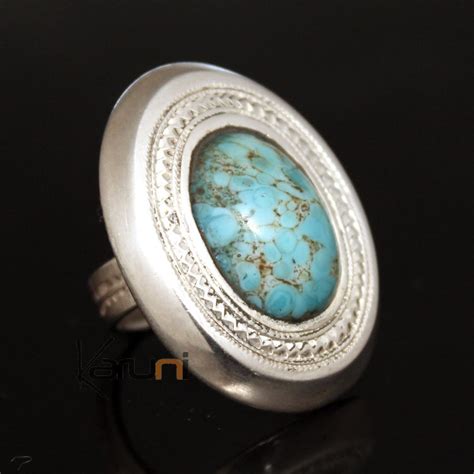 Bijoux Touareg Ethniques Bague En Argent Et Turquoise 18 Grande Ovale