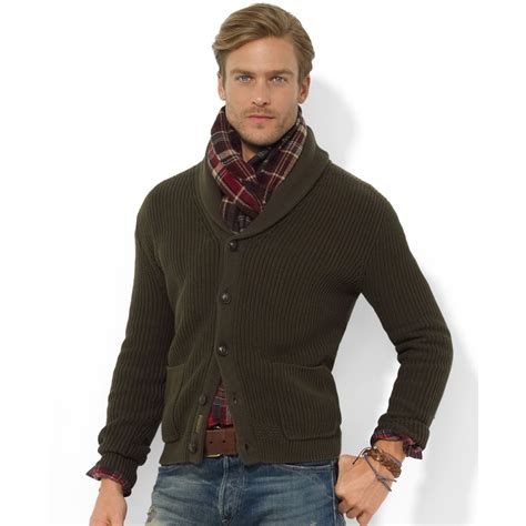 Ralph Lauren Shawl Collar Carded Cotton Cardigan In Brown For Men Lyst