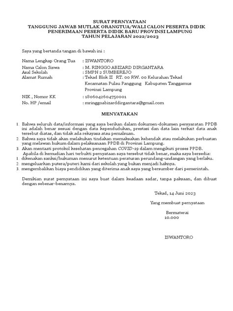 Surat Pernyataan Orang Tua Pdf