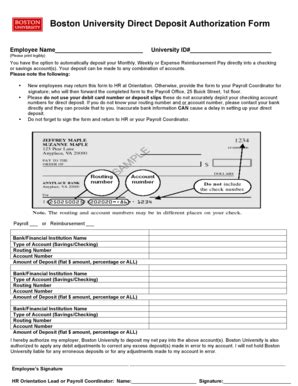 Fillable Online Bu Boston University Direct Deposit Authorization Form