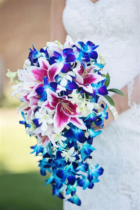 Blue Dendrobium Orchids With Pink Lilies For Bridal Bouquet Orchids