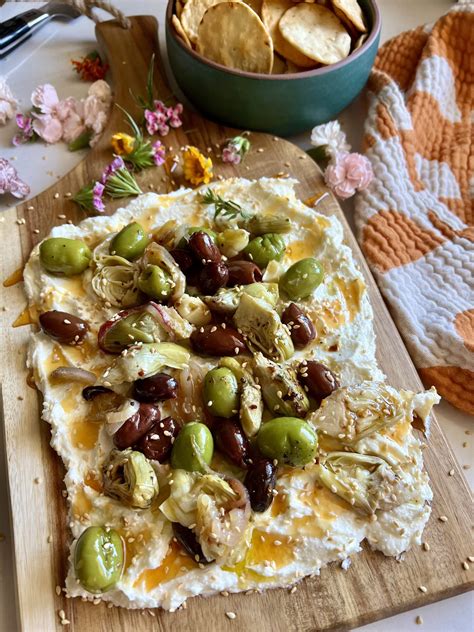 Creamy Feta Board With Lemon Roasted Artichokes And Olives Hungry