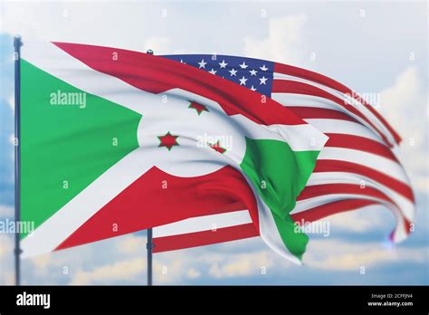 Waving American Flag And Flag Of Burundi Closeup View 3D Illustration