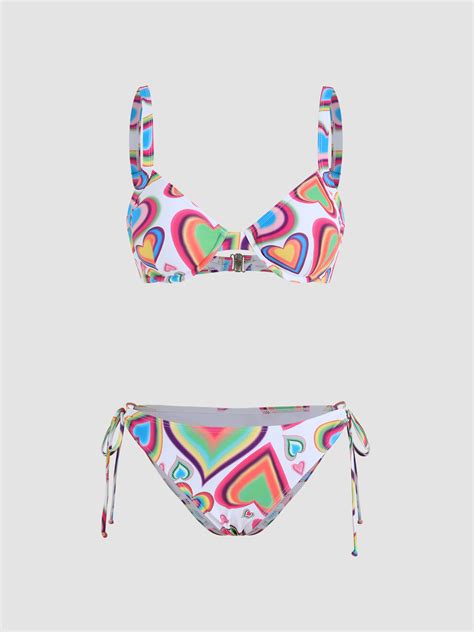 Colorful Heart Wave Underwire Bikini Swimsuit Cider