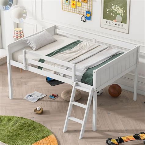 Harper And Bright Designs White Full Size Wood Low Loft Bed With Sloping