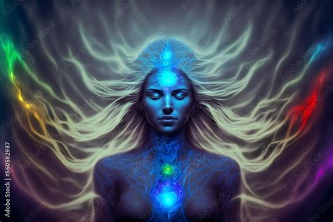 Astral Spiritual Enlightened Female With Glowing Long Hair Meditating