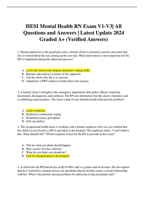 Hesi Mental Health Rn Exam V1 V3 All Questions And Answers Latest Update 2024 Graded A