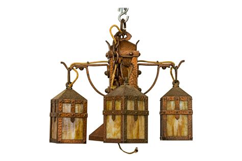 Rustic English Arts And Crafts Style Copper And Slag Glass Chandelier