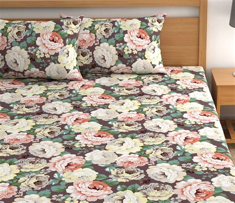 Buy Floral Black Tc Poly Cotton Double Bedsheet With Pillow