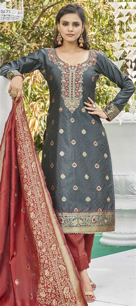 Casual Black And Grey Color Jacquard Fabric Salwar Kameez 1792963