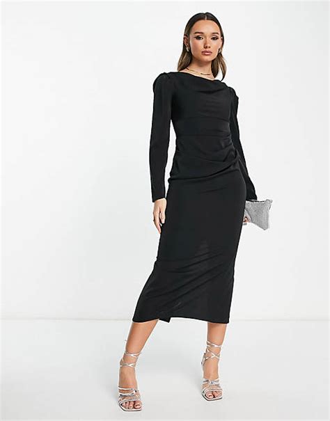 Asos Design Slinky Drape Shoulder Midi Dress In Black Asos