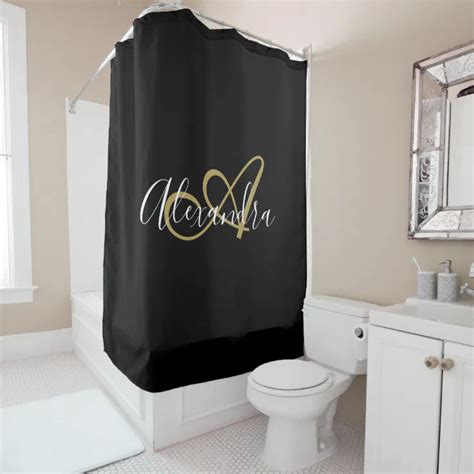 Elegant Monogram Black Gold Script Name Shower Curtain Zazzle