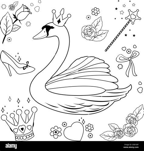 Swan Princess Fairy Tale Set Vector Black And White Coloring Page