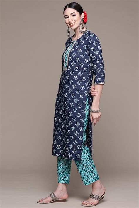 Buy Blue Ethnic Motifs Printed Pure Cotton Kurta Set Online Karagiri