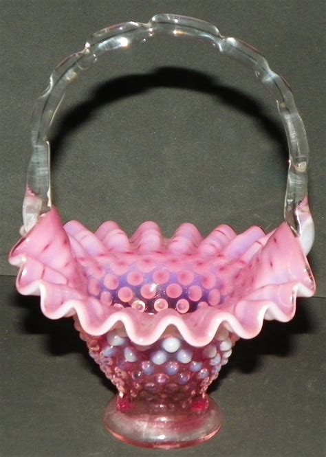 Vintage Fenton Art Glass Pink Opalescent Hobnail Ruffled Rim Basket 6 Tall In 2019 Antique