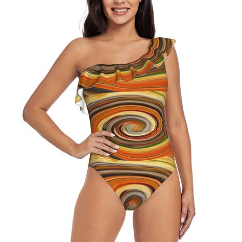 Easygdp Colorful Swirl Womens One Shoulder Ruffle Monokini Bathing