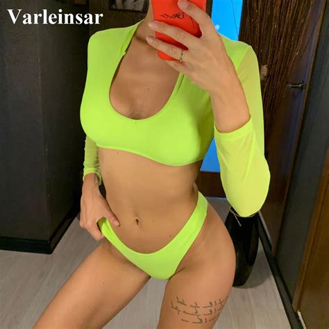 Aliexpress Buy Neon Green Mesh Long Sleeve Thong Bikini