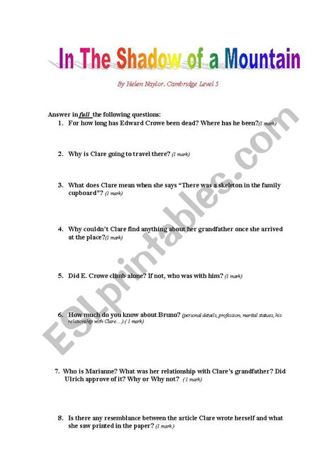 Reader In The Shadow Of A Mountain Cambridge Level 5 Questionnaire