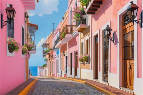 Old San Juan Street View Oil Painting Colorful Art Poster Print ...