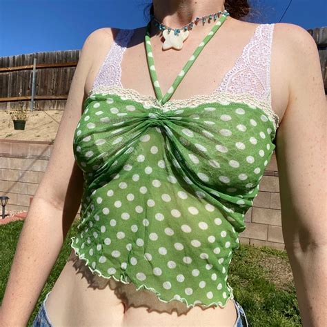 Polka Dot Green Crop Top Sexy Lace Trim Chest Wrap Backless Ruched