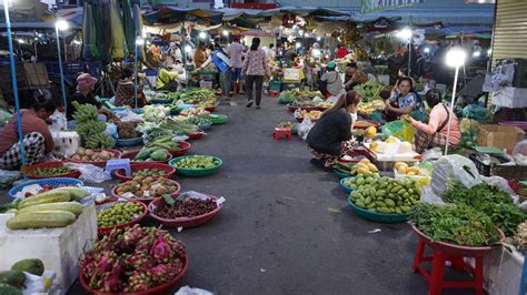 Cambodian Early Morning Street Market Plenty Fresh Fruit Vegetable