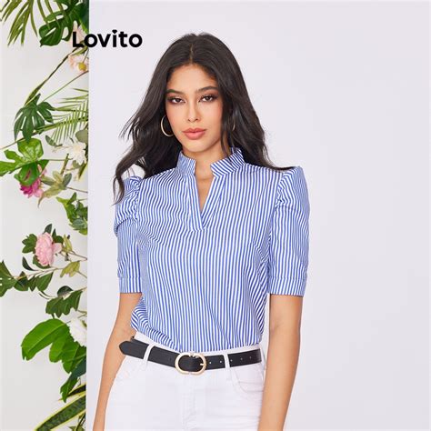 Lovito Blusa Casual Listrada Manga Bufante Feminina LBE02048 Azul