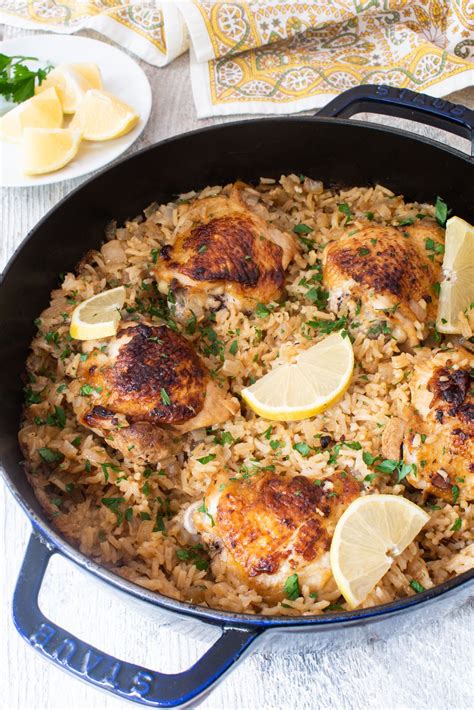 One Pot Greek Chicken And Lemon Rice Thyme Chicken One Pot Chicken