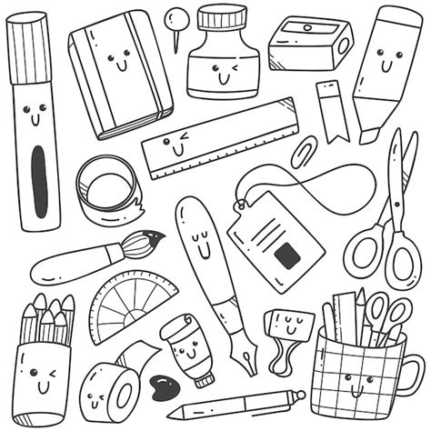 Set Of Kawaii Style Stationary Doodles Line Art Premium Vector