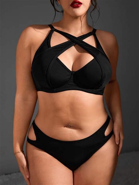 Plus Crisscross Cut Out Underwire Lingerie Set Shein Usa