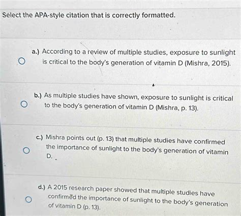 Solved Select The Apa Style Citation That Is Correctly Formatted A