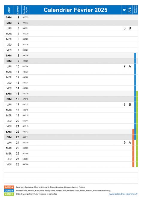 Calendrier Février 2025 à imprimer