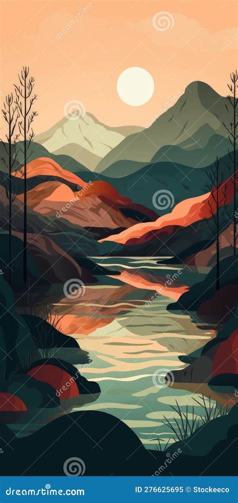 Minimalist Mountain Landscape In Boho Art Style Stock Illustration