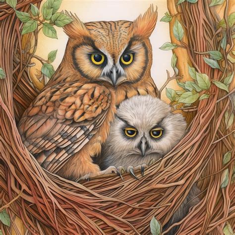 Premium Photo Painting Of Two Owls In A Nest With Leaves And Branches