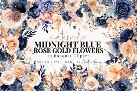 Midnight Blue Rose Gold Flower Clipart Graphic By Christine Fleury