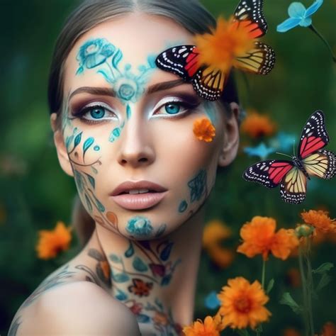 Premium Ai Image Sensual Woman With Body Art And Colored Eyes And