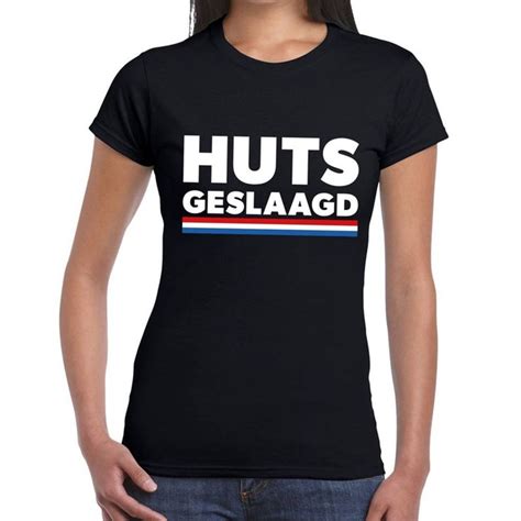 Huts Geslaagd Met Vlag Tekst T Shirt Zwart Dames Op Dit Zwarte Shirt